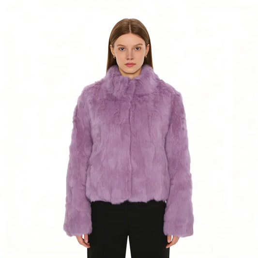 Tonfur Mandarin Collar Rabbit Fur Patchwork Coat For Women