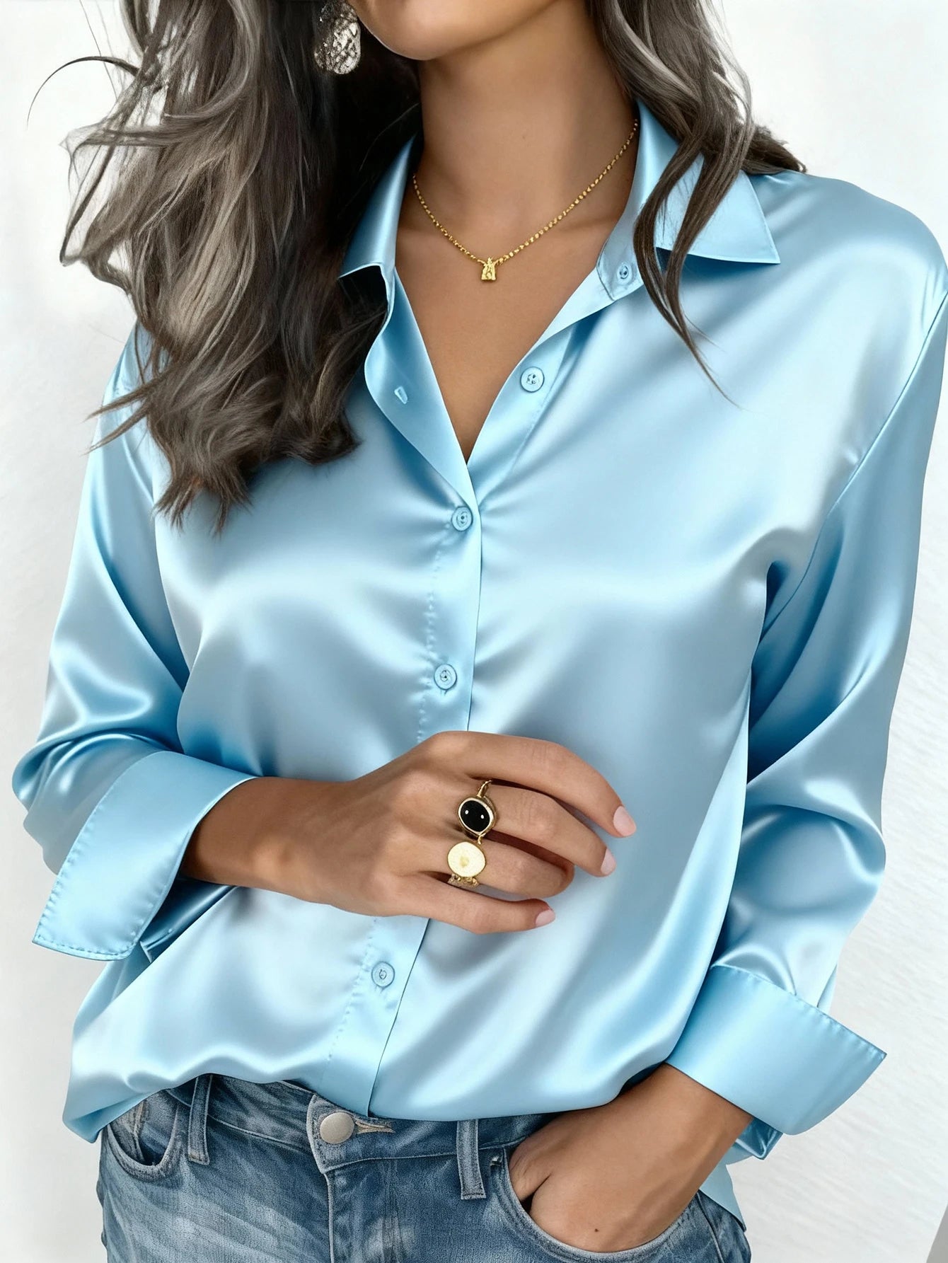 Elegant Satin Button Up Blouse For Office Or Casual Wear