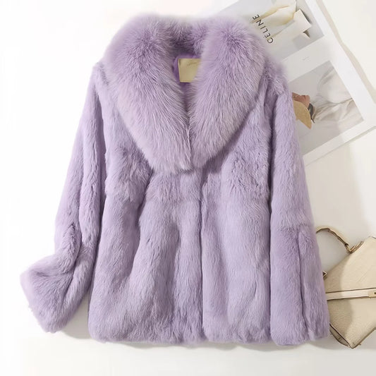 Real Rex Rabbit Fur Coat For Women With Fox Collar