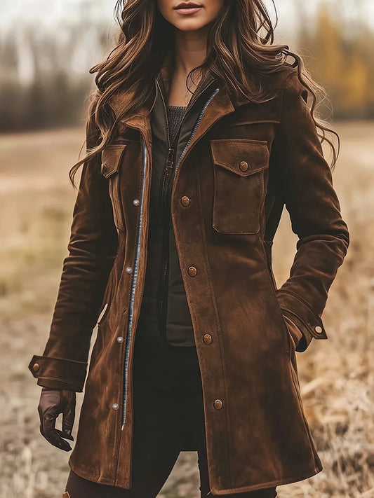 Womens Vintage Suede Turtleneck Casual Outerwear Coat