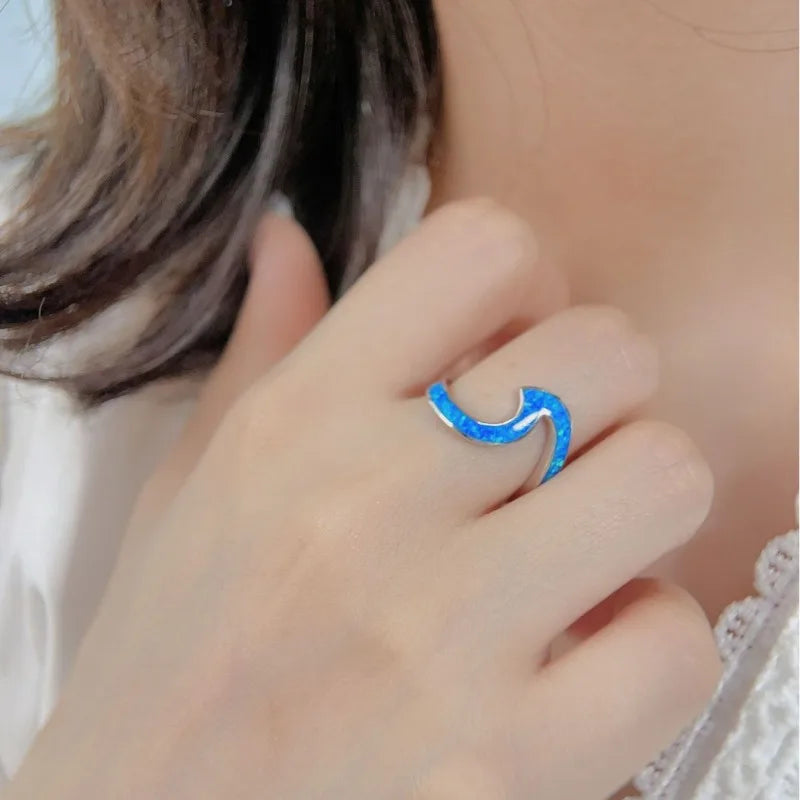 NONECN 925 Silver Epoxy Opal Blue Line Womens Ring Elegant