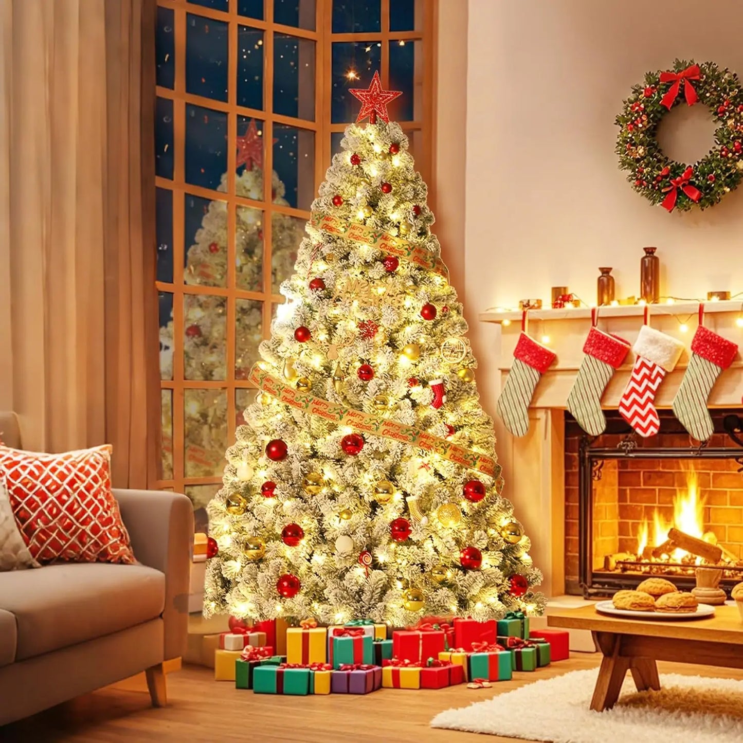 Prelit Artificial Christmas Tree With 450 Warm Lights Flocked Material