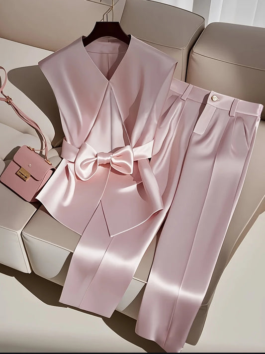 Sleeveless Top And Trousers Two-Piece Set For Office Ladies