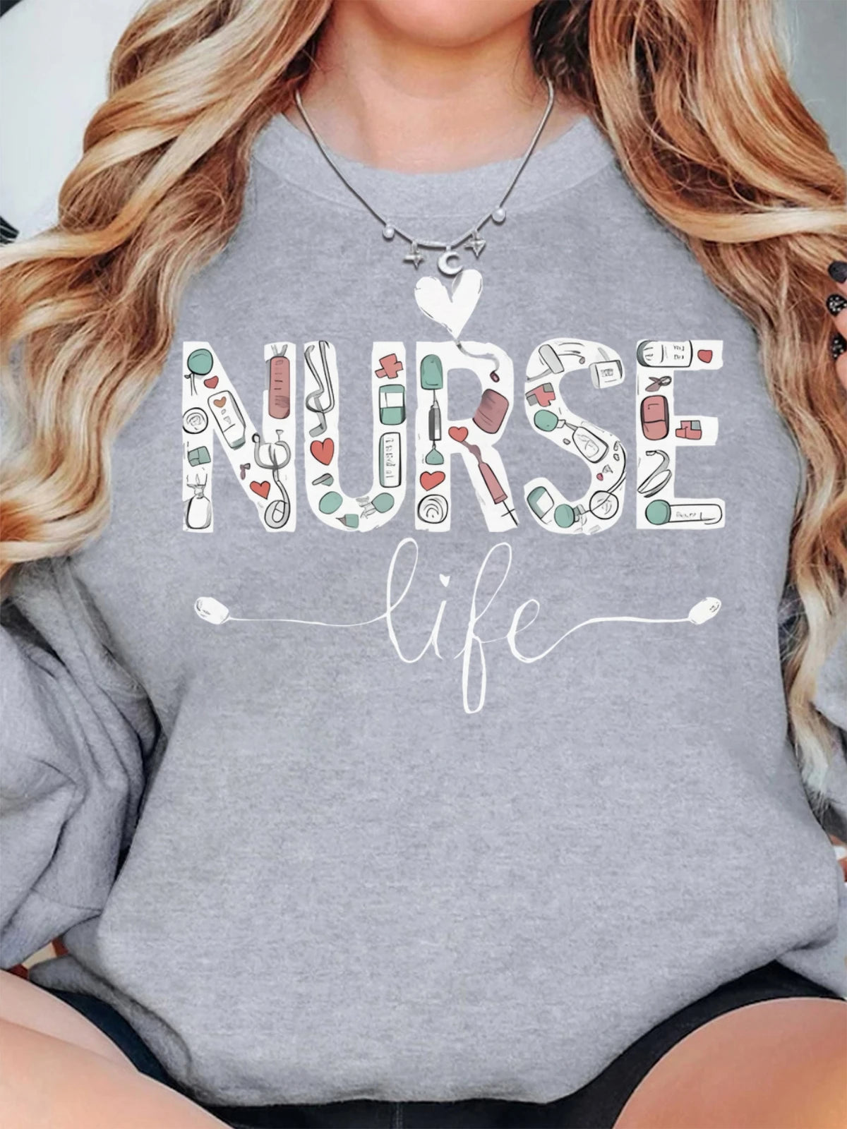 Cotton Crew Neck Sweatshirt Women Nurse Life Print Hoodie