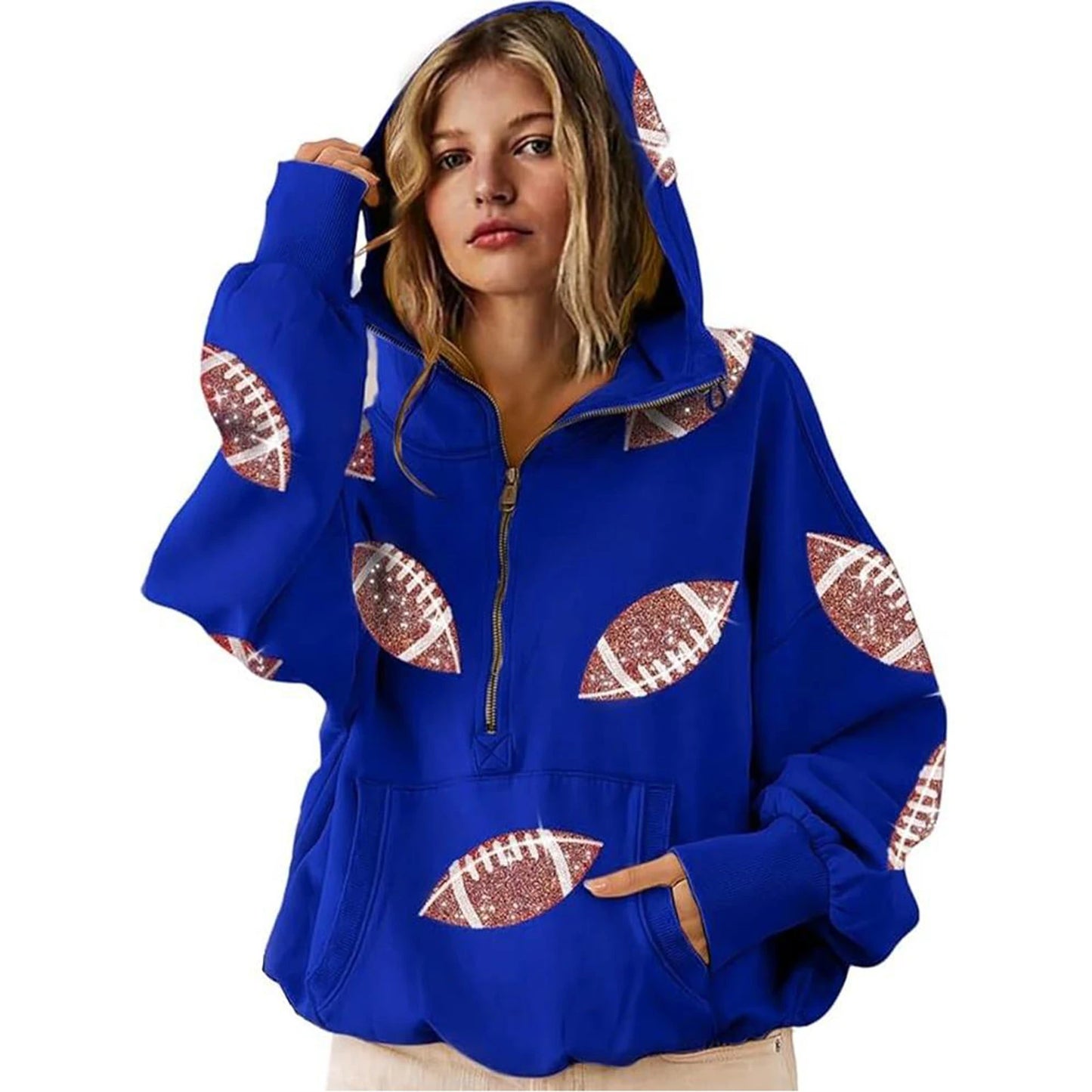 Womens Loose Vneck Hooded Sequin Patchwork Sweatshirt