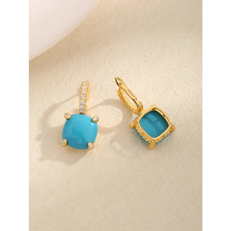 NONECN S925 Silver Square Turquoise Zircon Ear Buckle Earrings