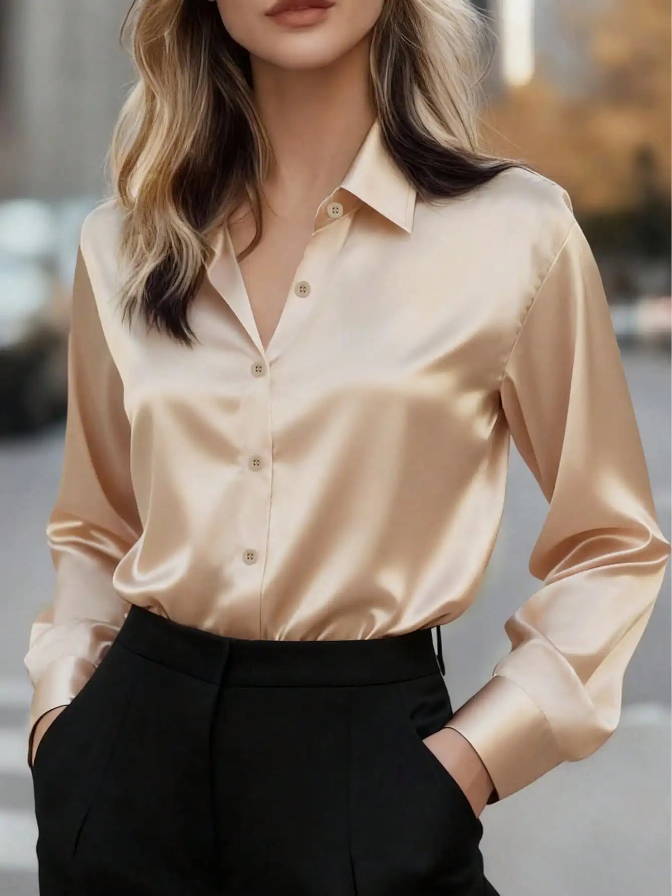 Elegant Satin Button Up Blouse For Office Or Casual Wear