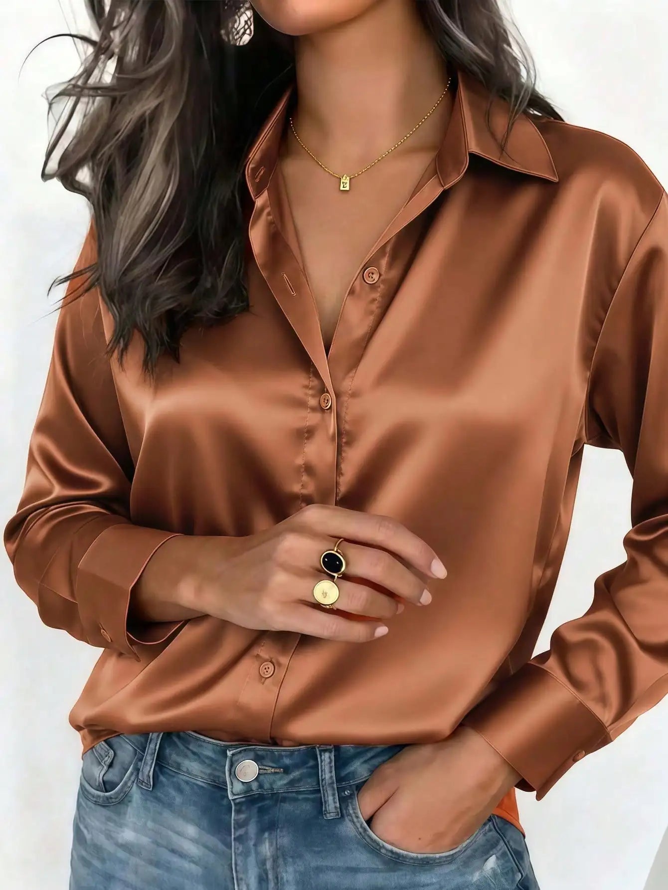 Elegant Satin Button Up Blouse For Office Or Casual Wear