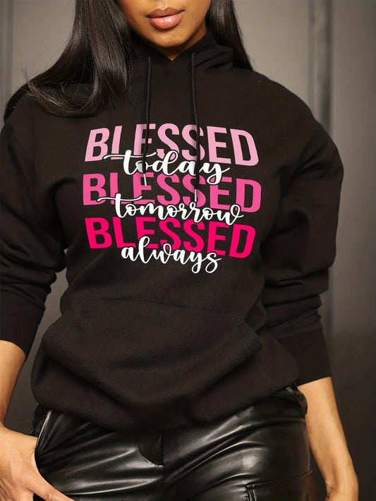 Blessed Letter Drawstring Hoodie Kangaroo Pocket Women