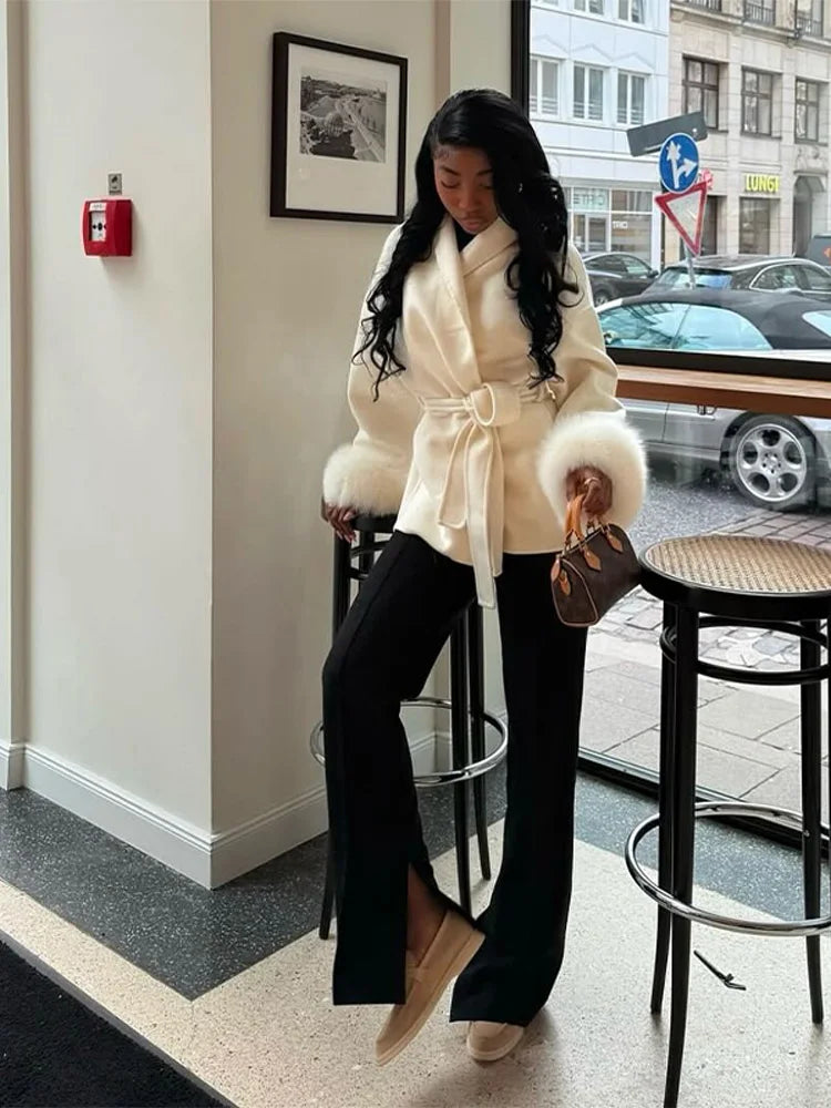 Chin.Sweety Women Chic Lapel Plush Faux Fur Coat With Belt