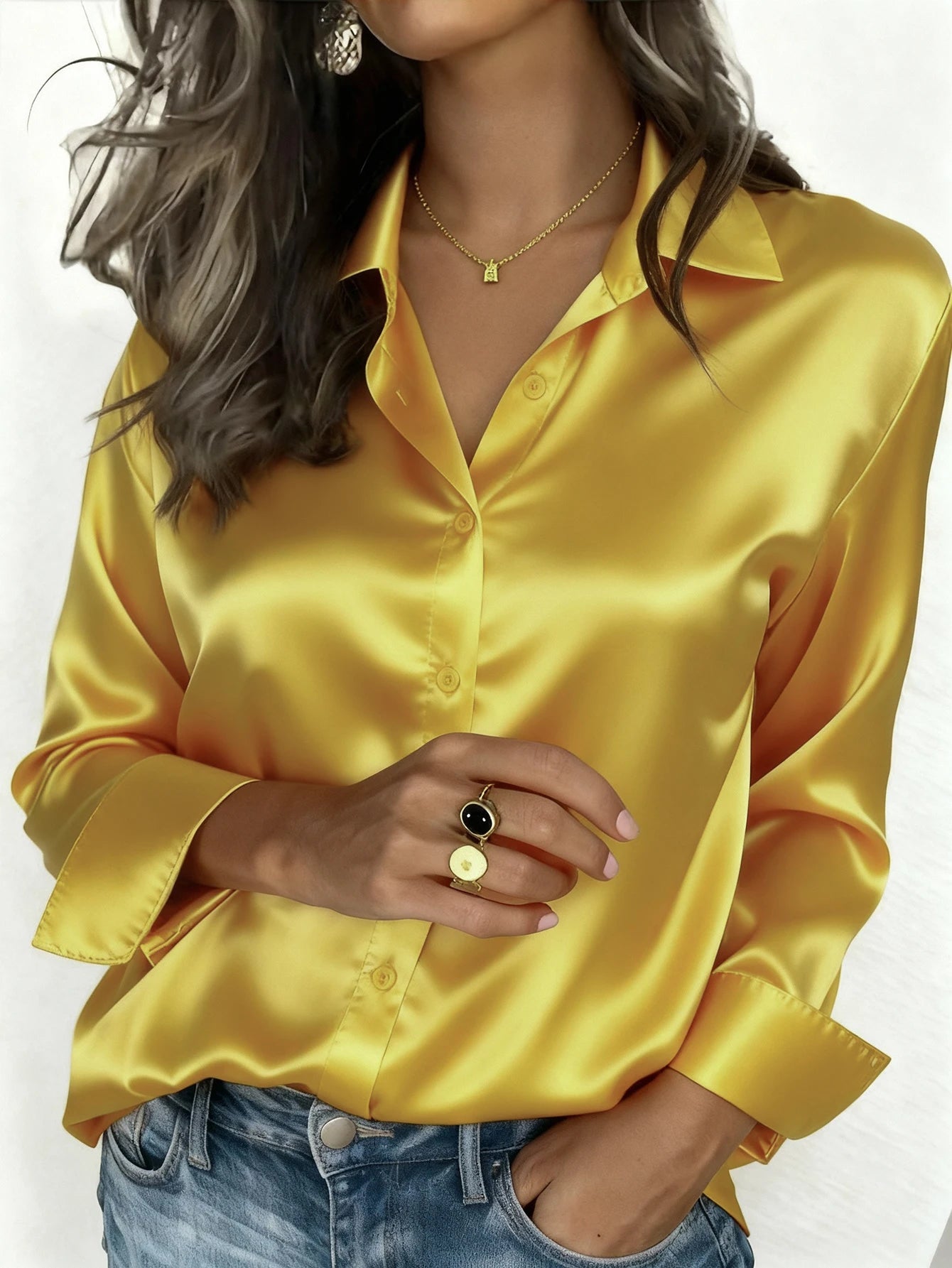 Elegant Satin Button Up Blouse For Office Or Casual Wear