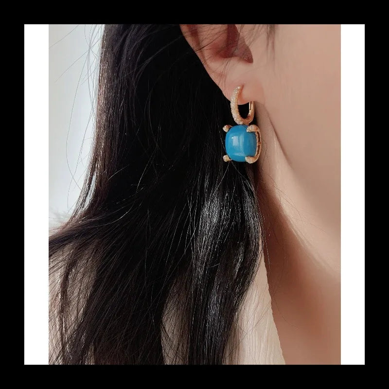 NONECN S925 Silver Square Turquoise Zircon Ear Buckle Earrings