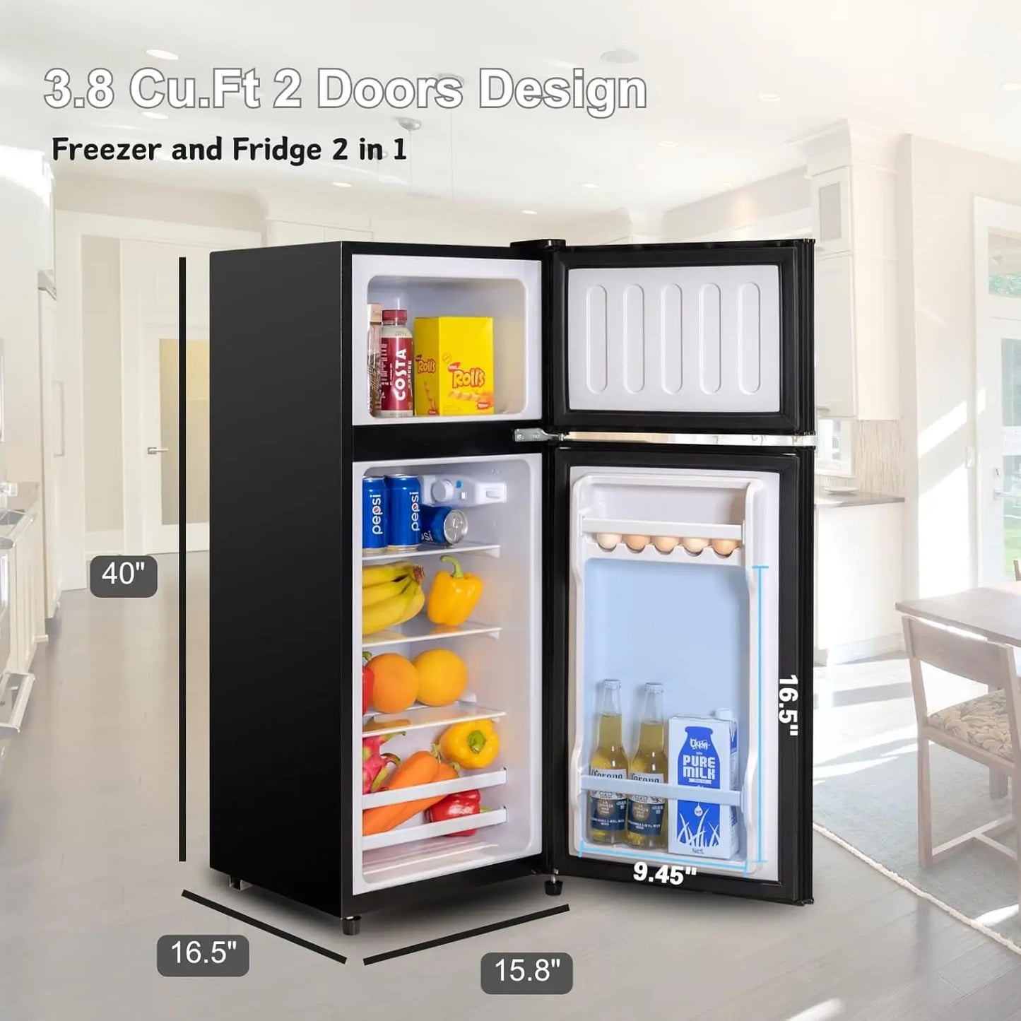 3.8 Cu.Ft Small Refrigerator with Freezer, Mini Fridge Double Door,Energy-Efficient, Large Capacity, Ideal for Office, Dorm