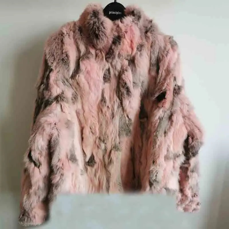 Tonfur Mandarin Collar Rabbit Fur Patchwork Coat For Women