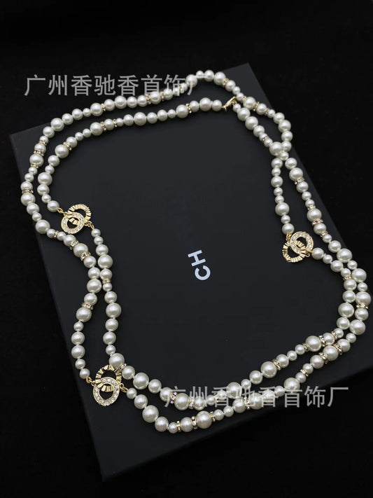 New Pearl Diamond Sweater Chain Temperament Versatile High Sense Double C Long Necklace Women