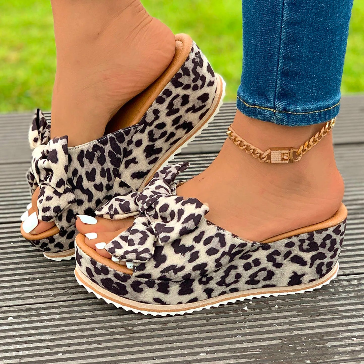 Women Shoes Summer Fashion Modern Slippers Outdoor Simple Princess Beach Slippers Women Bow Tie Wedge Leopard Ladies Shoes