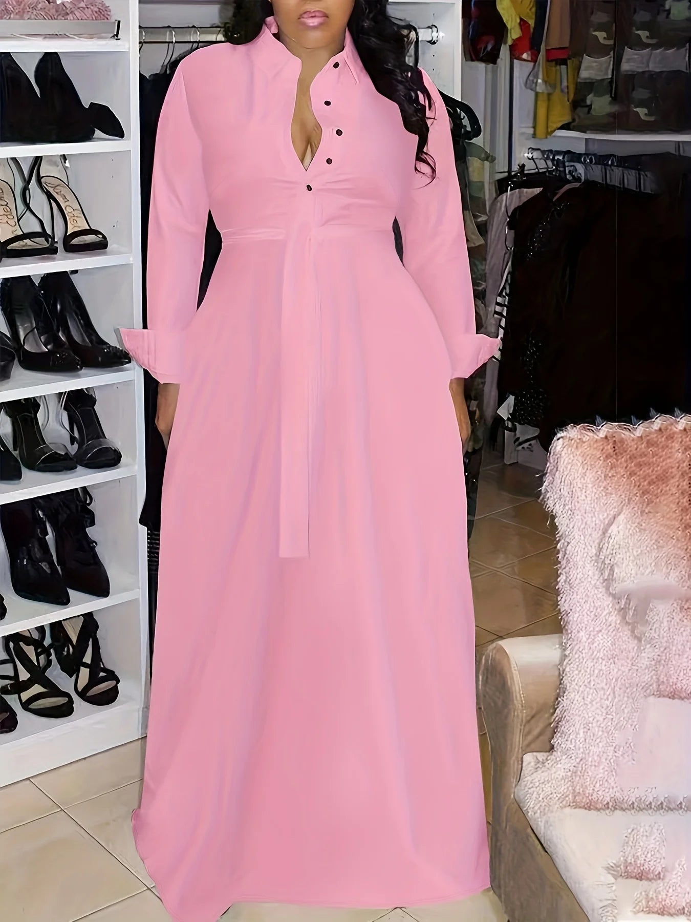 Craft Of Weaving Knit Button Lapel Dress For Spring