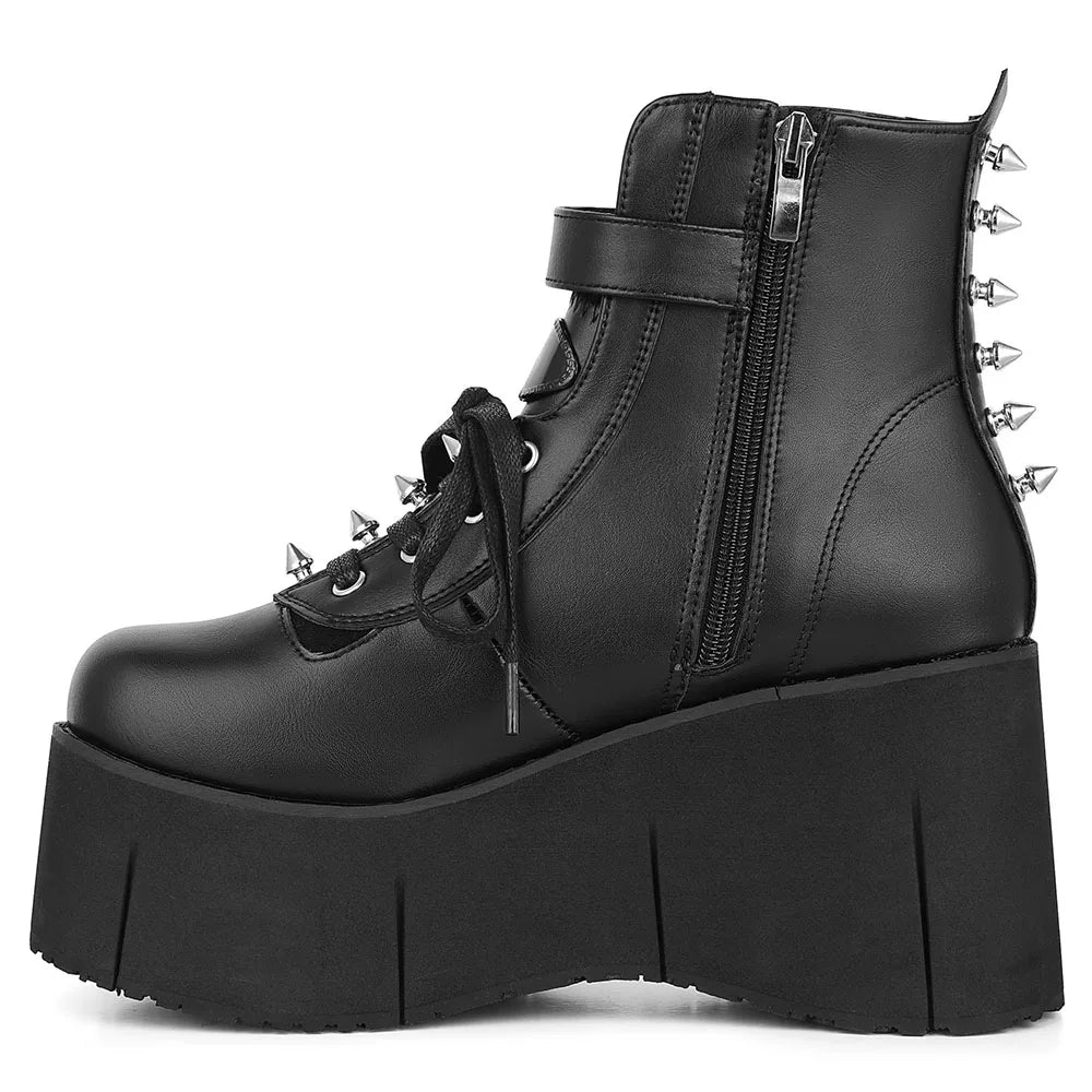 GIGIFOX Goth Punk Stylish High Platform Ankle Boots For Woman High Wedges Heel Side Zipper Round Toe Metal Rivet Punk Girl Boots