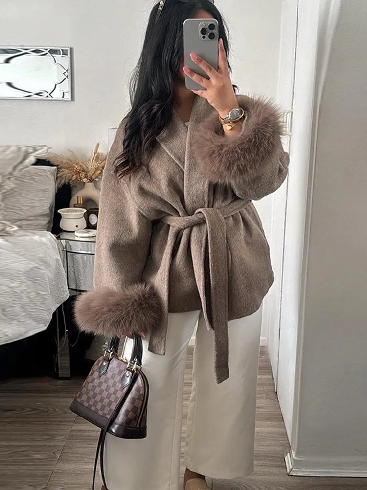 Chin.Sweety Women Chic Lapel Plush Faux Fur Coat With Belt