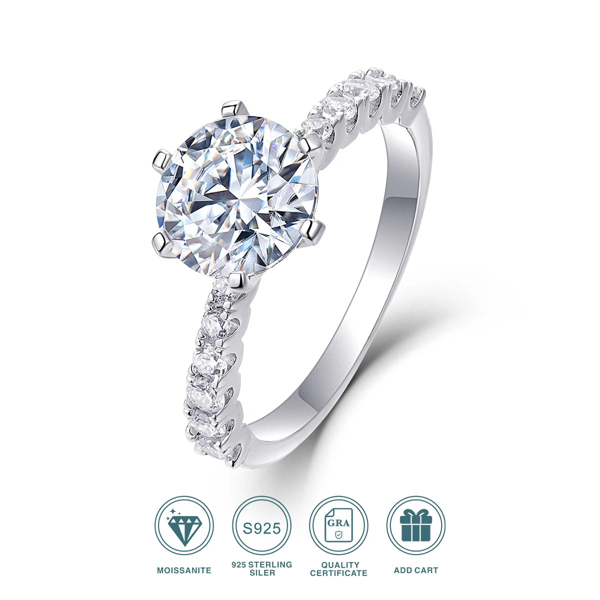 JIUZUAN 2ct Moissanite Ring, 925 Silver Plated 18k, Round Cut, Eternity Band, Wedding Ring for Women, Sparkle Engagement Jewelry