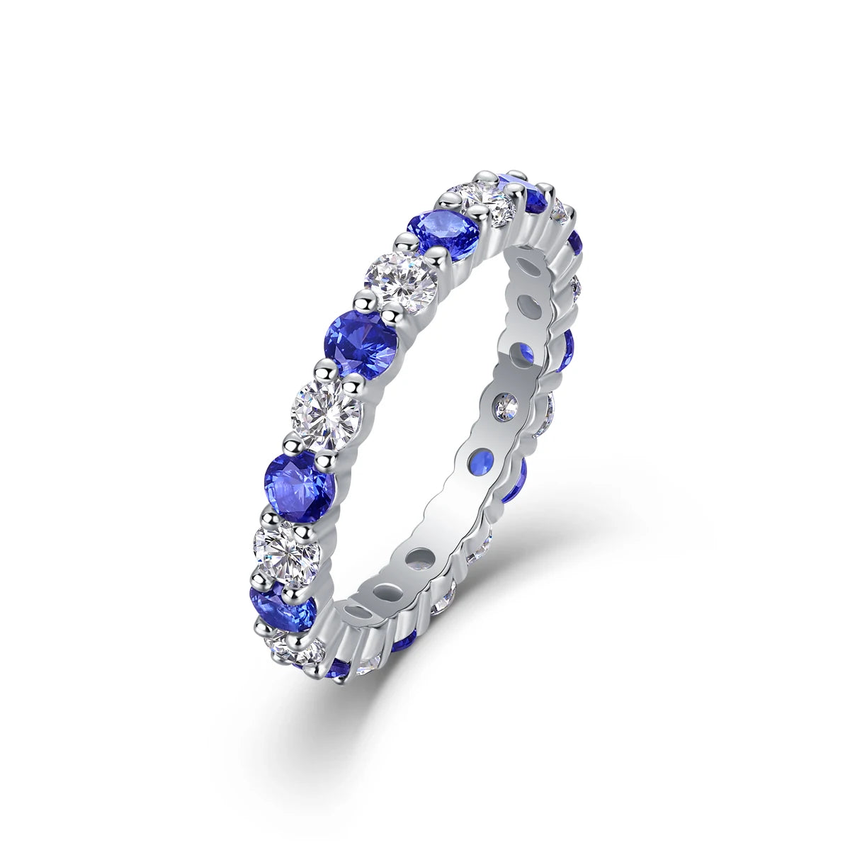 Elegant S925 Silver Ring with Alternating Moissanite & Blue Sapphires, 18K Gold Plated, Exquisite Design, Includes GRA Certifica