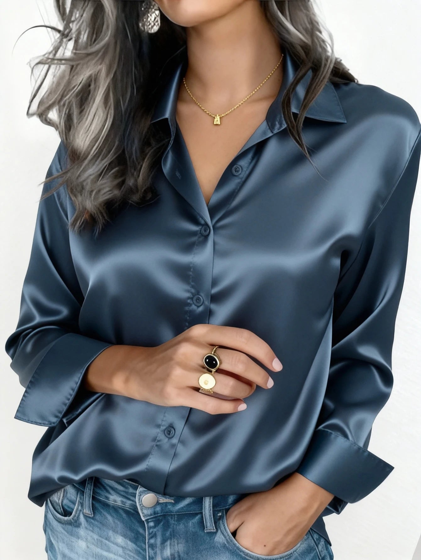 Elegant Satin Button Up Blouse For Office Or Casual Wear