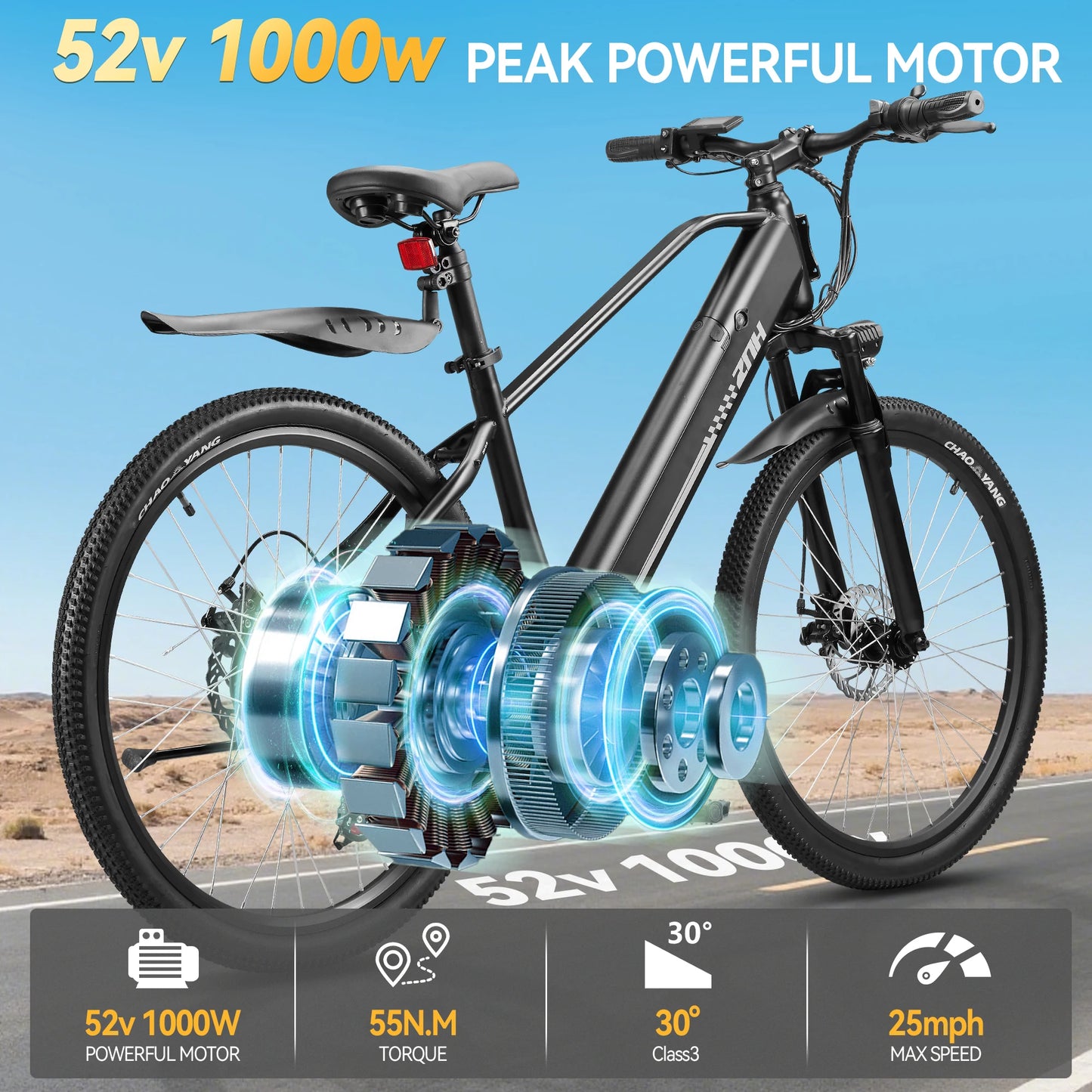ZNH Electric Bicycle 1000W Peak Motor 48V Removable Battery 20MPH 7 Speed 26 Inch E Bike For Adult