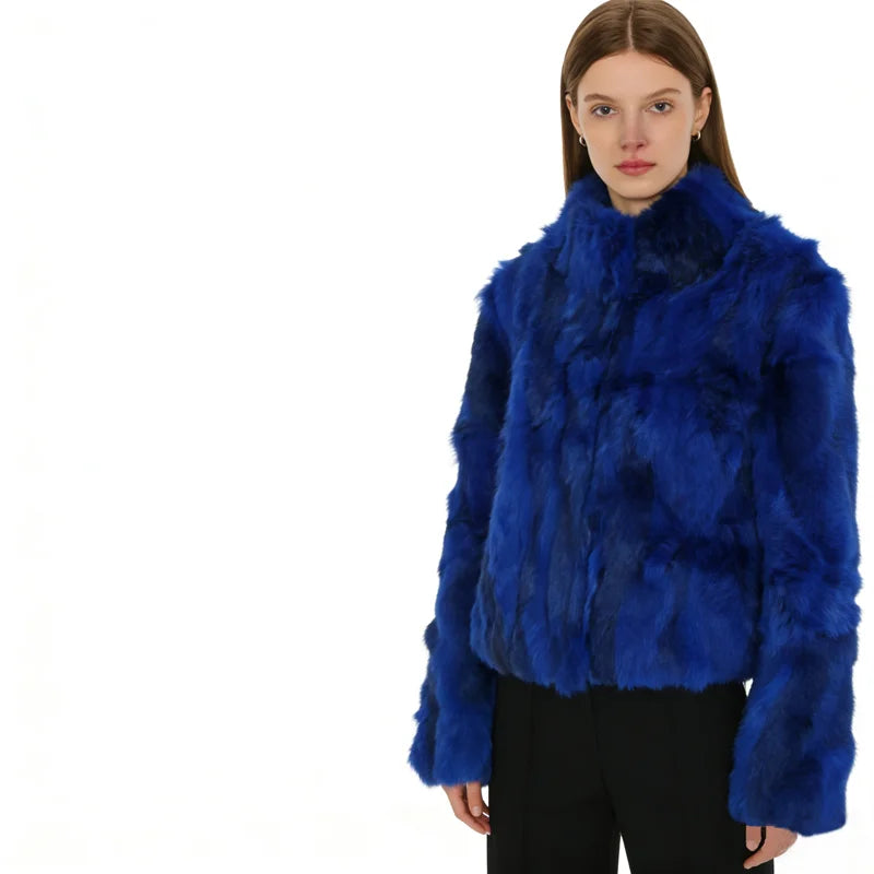 Tonfur Mandarin Collar Rabbit Fur Patchwork Coat For Women