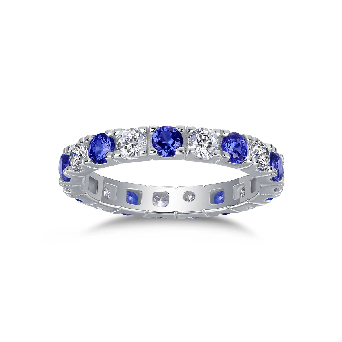 Elegant S925 Silver Ring with Alternating Moissanite & Blue Sapphires, 18K Gold Plated, Exquisite Design, Includes GRA Certifica