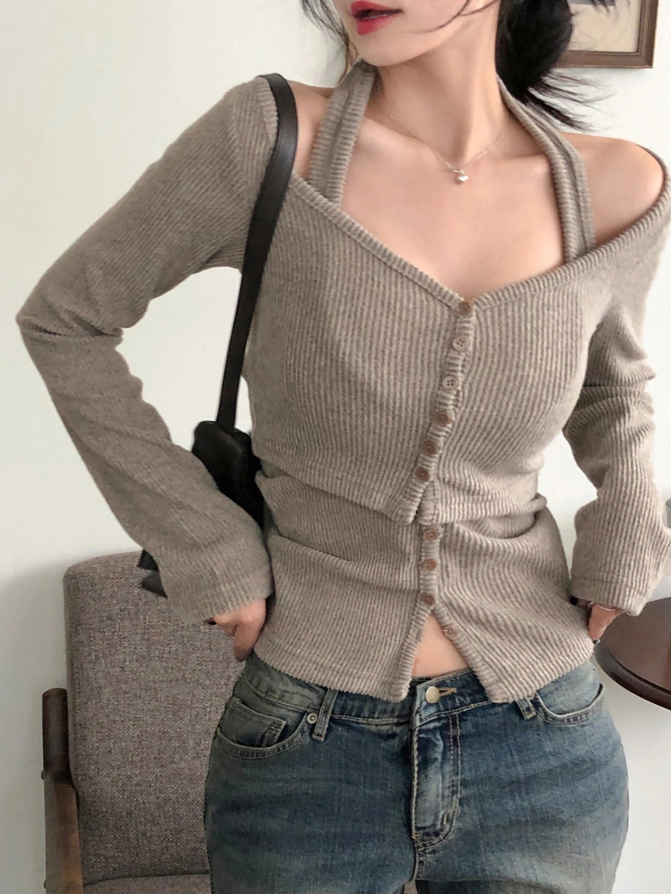 Sweetown Women's Halter Top and Long Sleeve Blouse Set