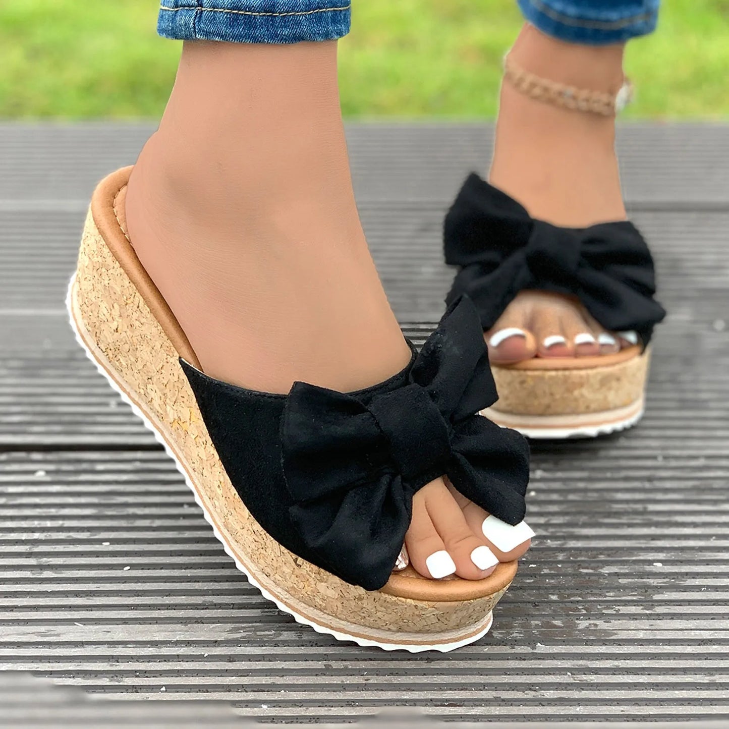 Women Shoes Summer Fashion Modern Slippers Outdoor Simple Princess Beach Slippers Women Bow Tie Wedge Leopard Ladies Shoes
