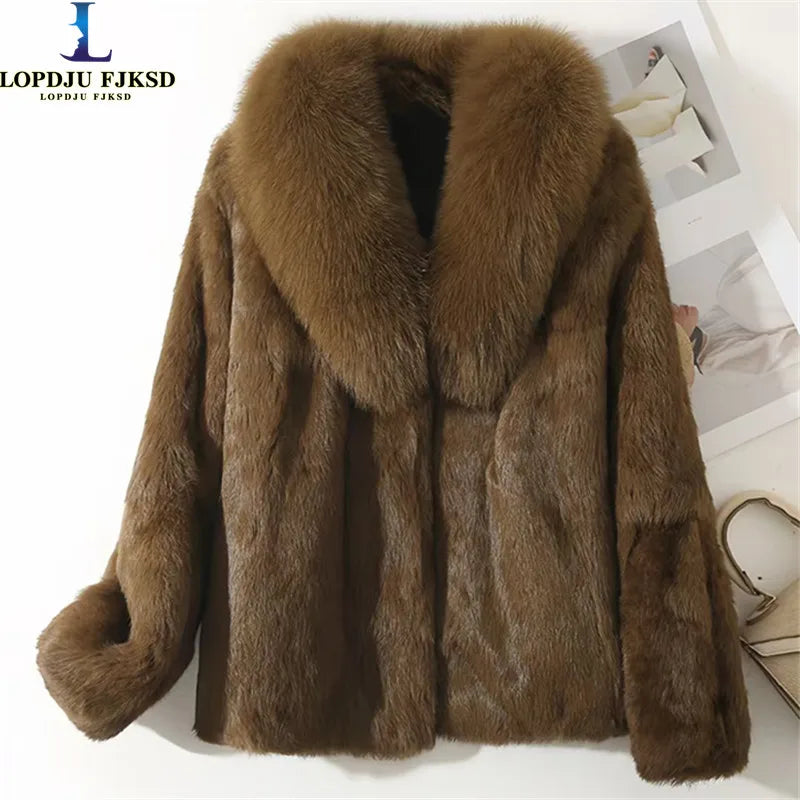 Real Rex Rabbit Fur Coat For Women With Fox Collar