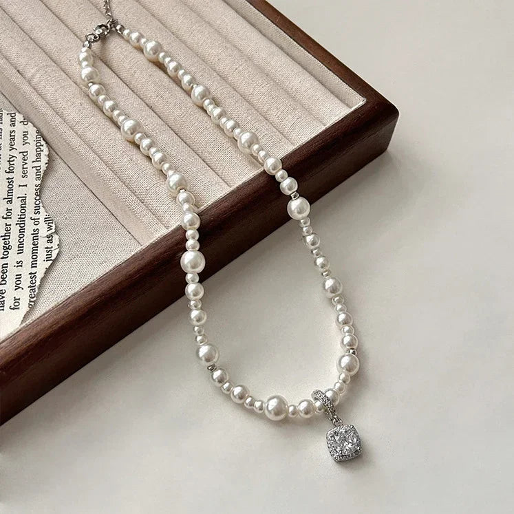 Sterling Silver Zircon Pearl Square Pendant Necklace For Women