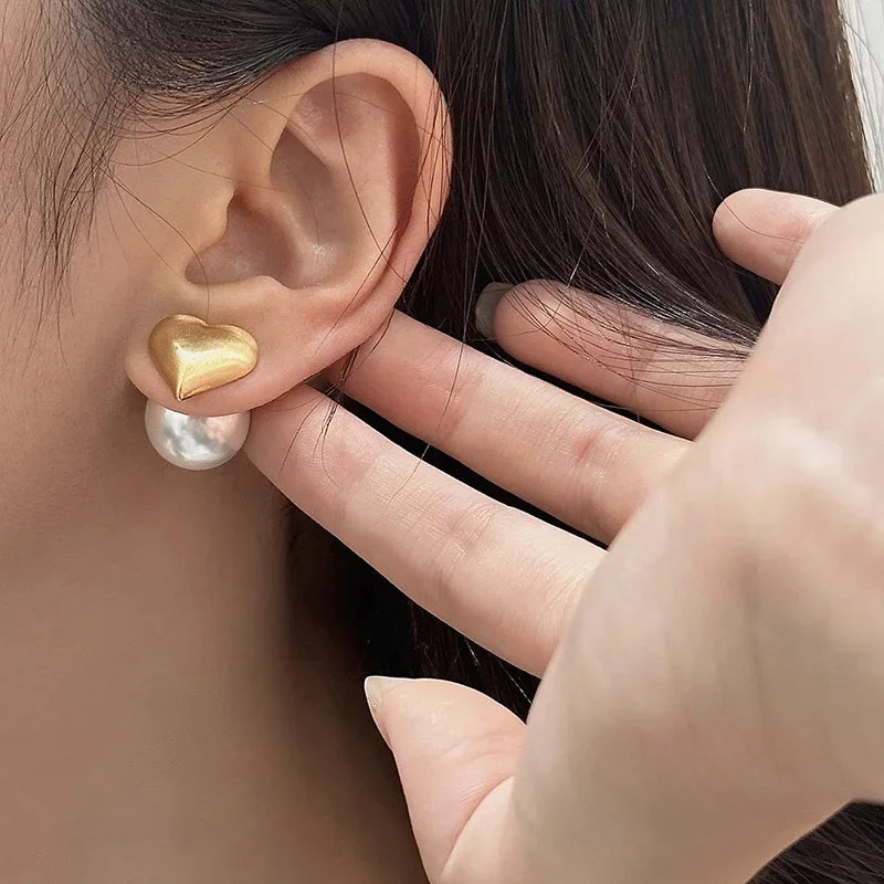 Minimalist Pearl 925 Sterling Silver Heart Stud Earrings