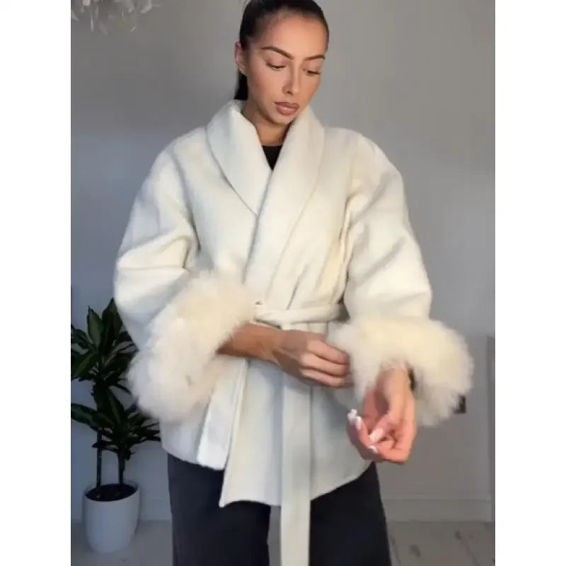Chin.Sweety Women Chic Lapel Plush Faux Fur Coat With Belt