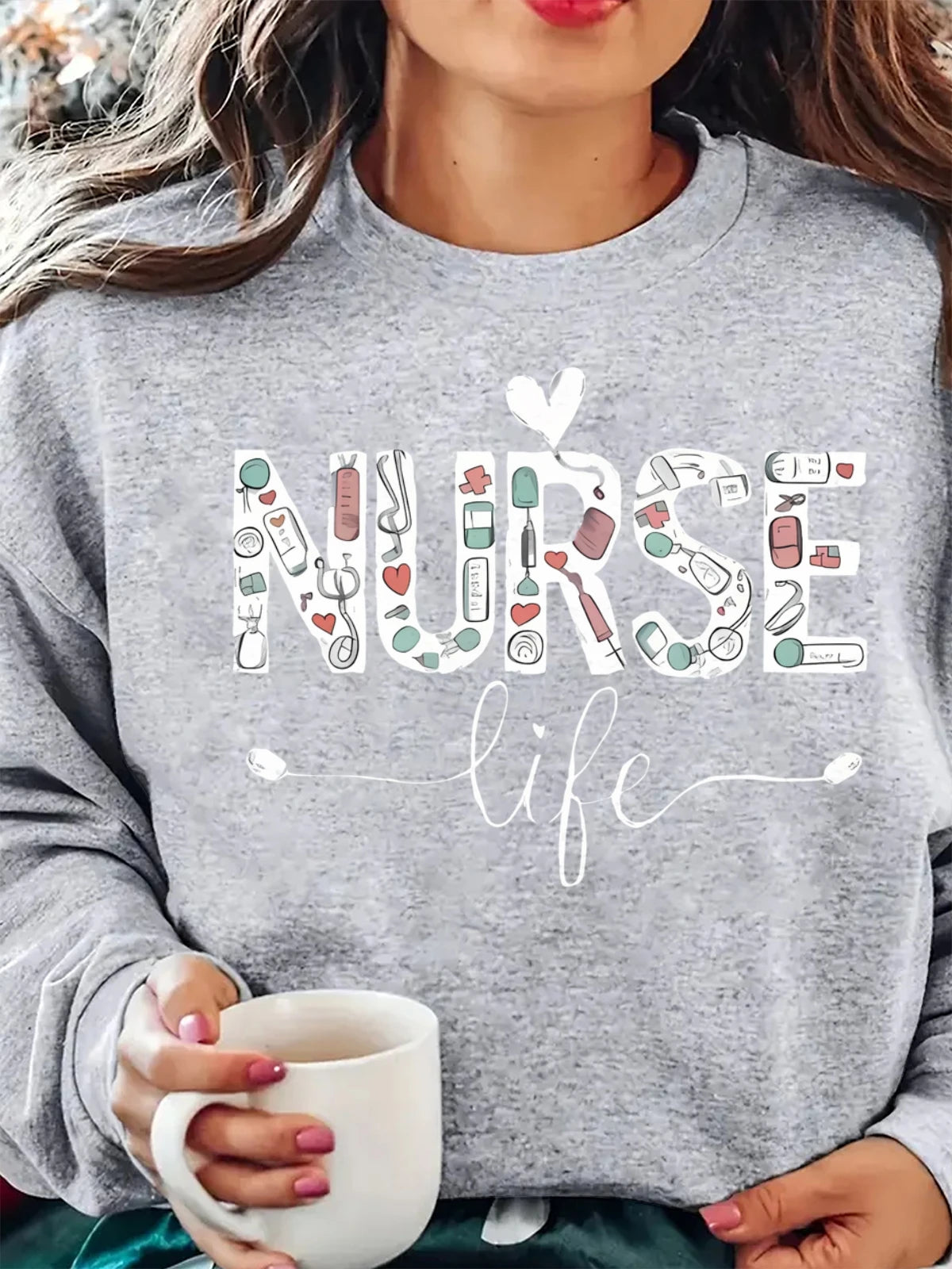 Cotton Crew Neck Sweatshirt Women Nurse Life Print Hoodie