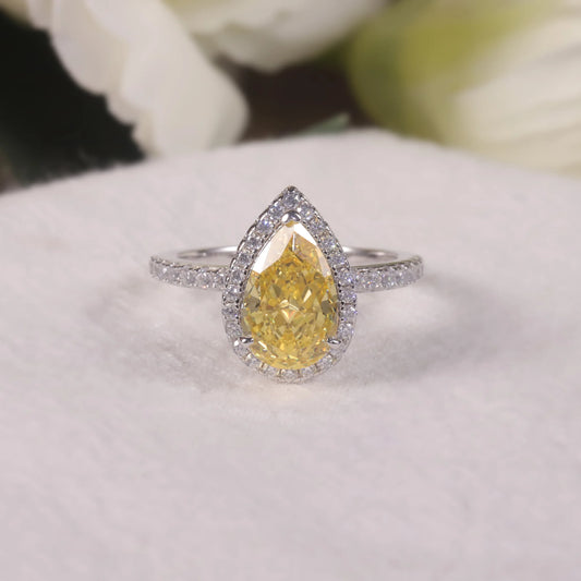 GEM'S BALLET Pear Shape Diamond-fire CZ- Fancy Light Yellow Halo Engagement Rings 925 Sterling Silver Handmade Statement Ring