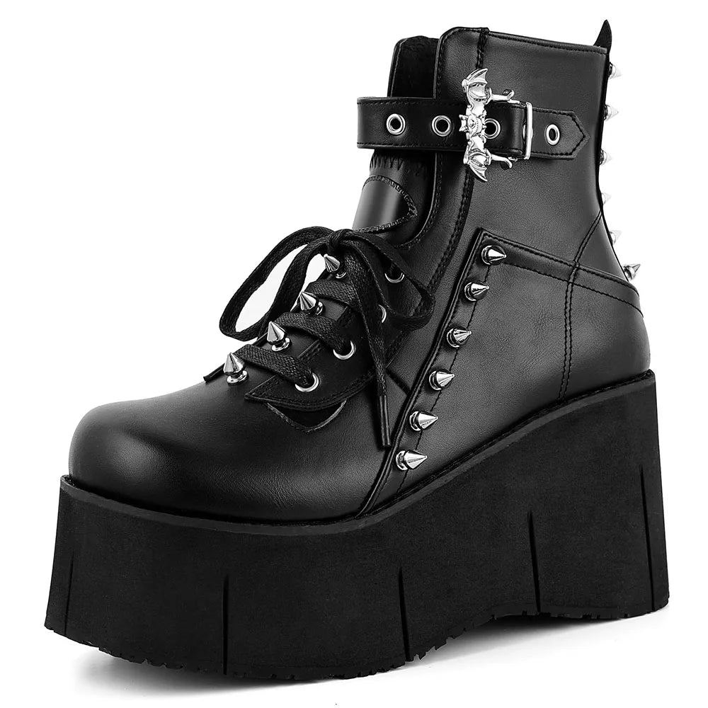 GIGIFOX Goth Punk Stylish High Platform Ankle Boots For Woman High Wedges Heel Side Zipper Round Toe Metal Rivet Punk Girl Boots