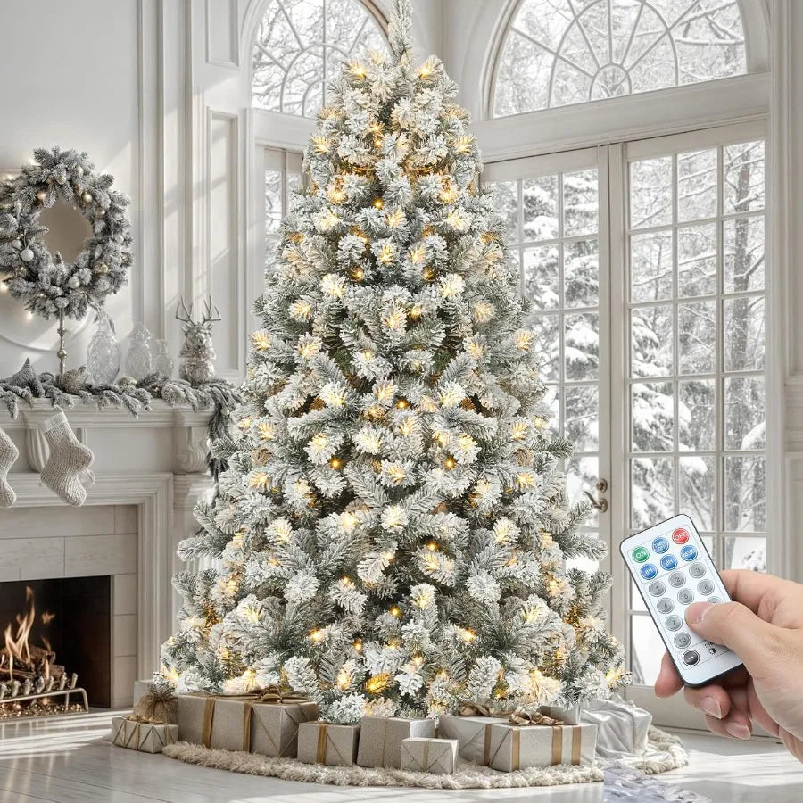 Prelit Snow Flocked Artificial Full Christmas Tree With Remote Control