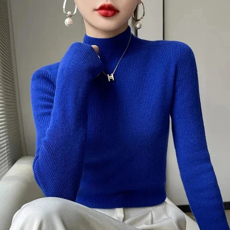Solid Half Turtleneck Knit Sweater Women Harajuku Korean Thick Knitwear