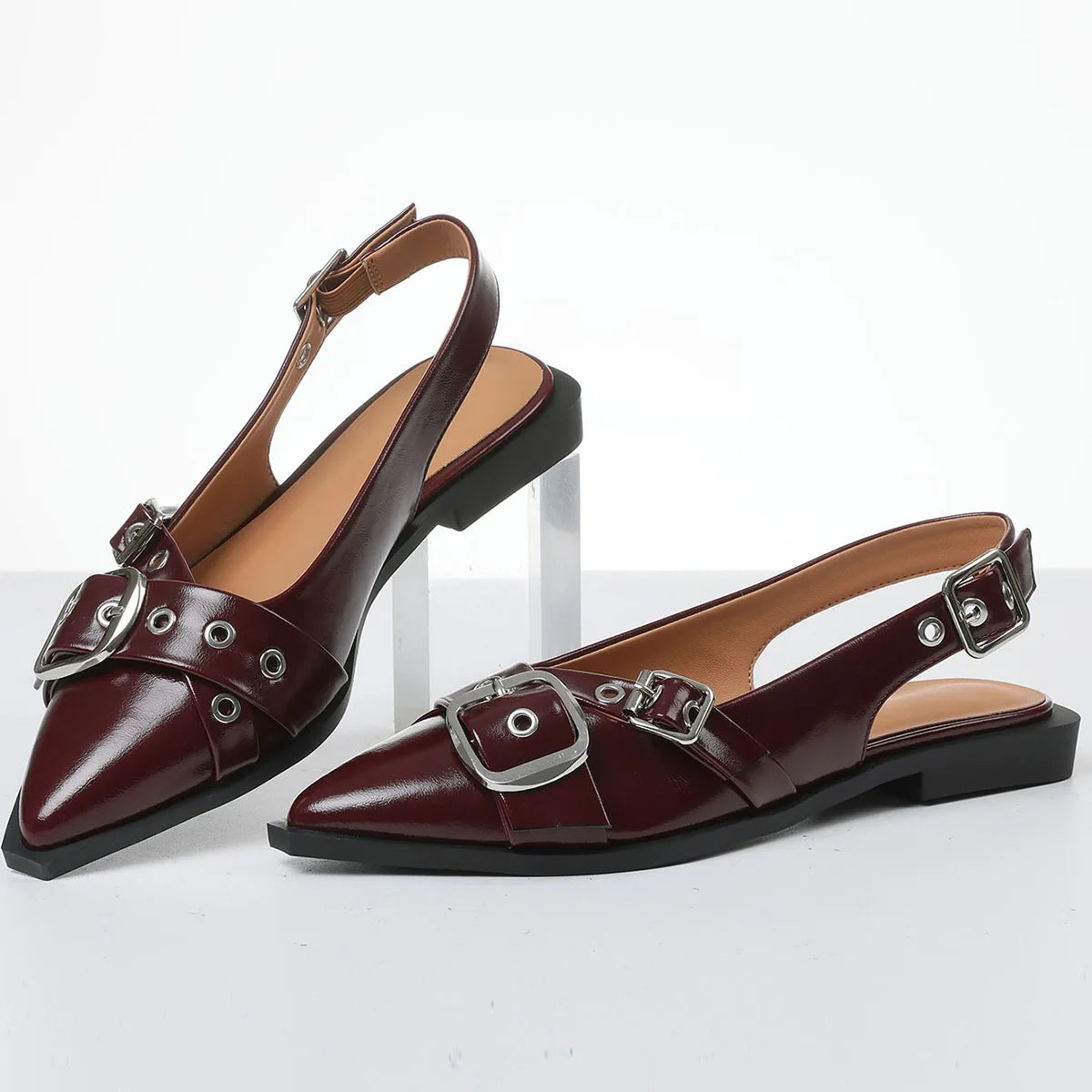 Fashion Womens Mary Jane Flats Pointed Toe Metal Buckle Slingback Falts Luxury Casual Low Heel Shoes Women