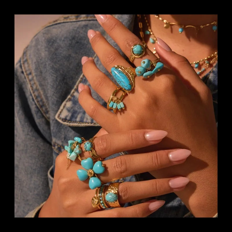 Popular Turquoise Natural Stone Necklace Light Luxury Ins Titanium Steel Ring Bohemian Earrings Jewelry Wholesale