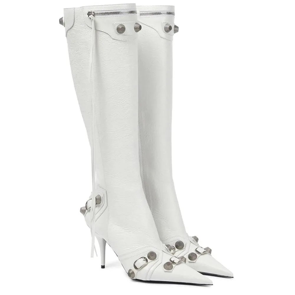 DoraTasia Stiletto Knee High Boots With Pointed Toe Back Zipper Tassel Rivet Fashion