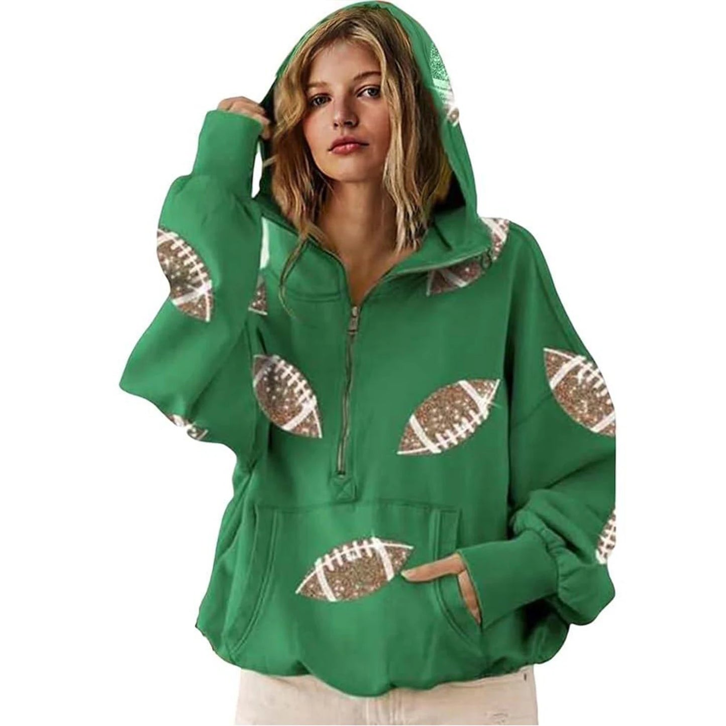 Womens Loose Vneck Hooded Sequin Patchwork Sweatshirt