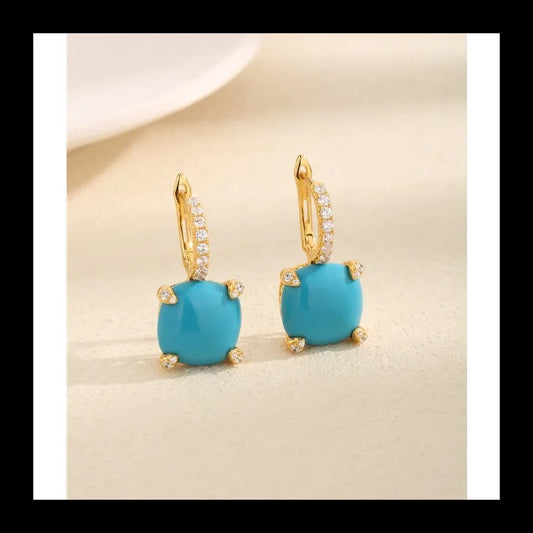 NONECN S925 Silver Square Turquoise Zircon Ear Buckle Earrings