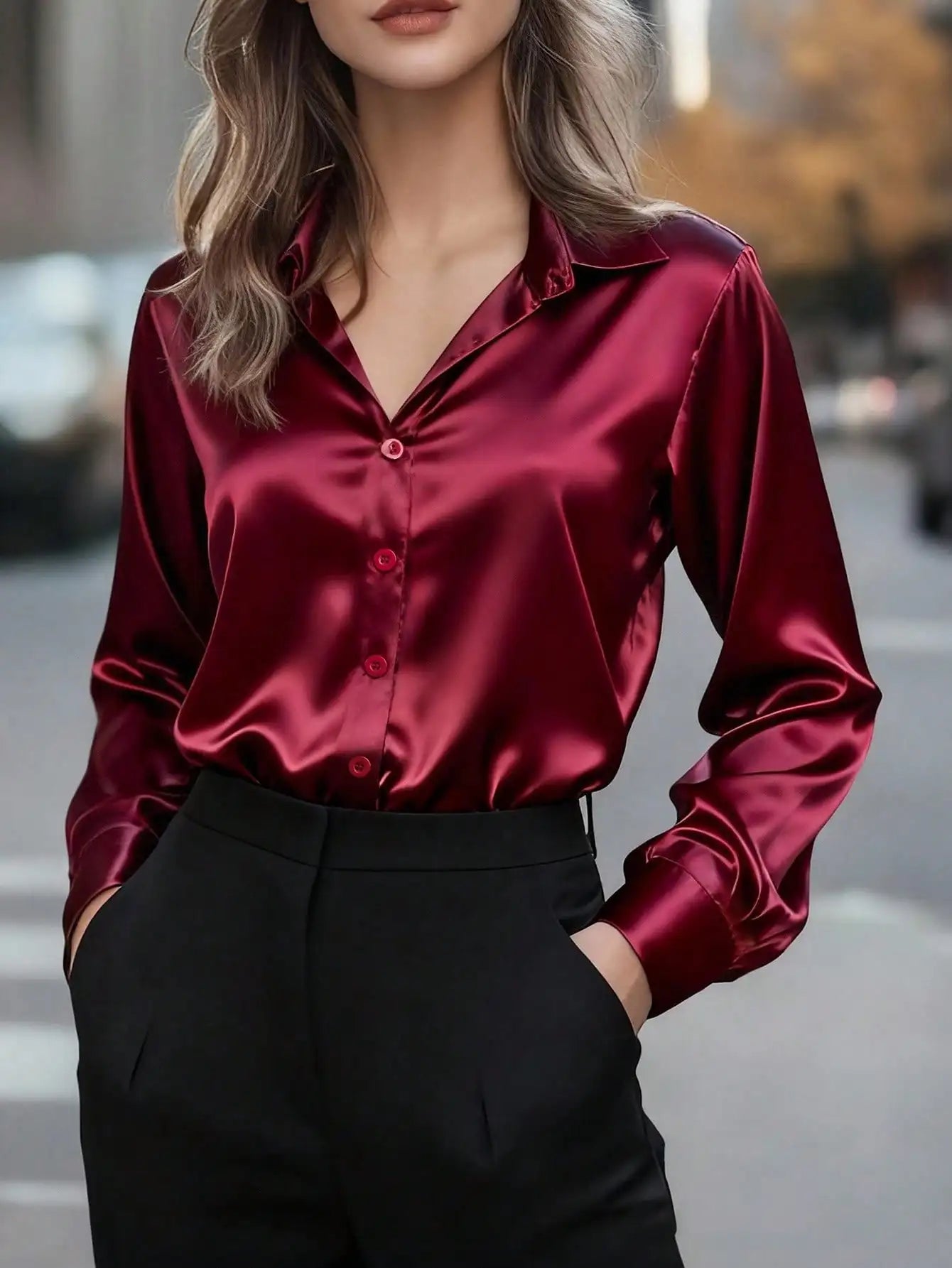 Elegant Satin Button Up Blouse For Office Or Casual Wear