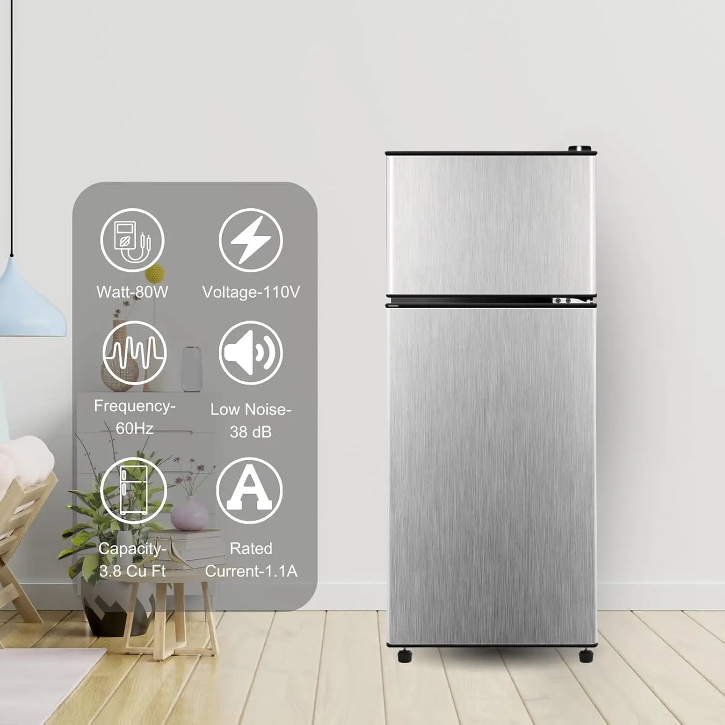 3.8 Cu.Ft Small Refrigerator with Freezer, Mini Fridge Double Door,Energy-Efficient, Large Capacity, Ideal for Office, Dorm