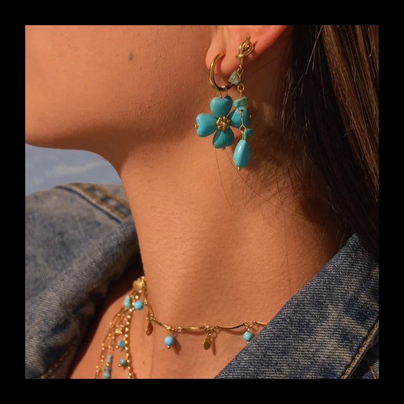 Popular Turquoise Natural Stone Necklace Light Luxury Ins Titanium Steel Ring Bohemian Earrings Jewelry Wholesale