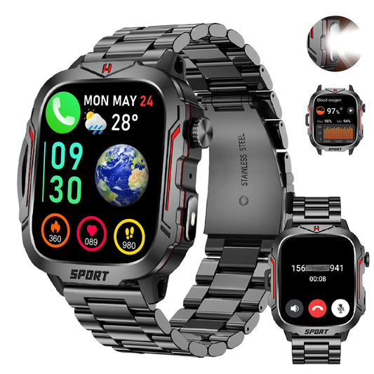 Strong Flashlight Smart Watch for Men/Women, 1.96'' Screen Fitness Tracker with AI Voice Assistant/ Bluetooth Call/ 100+Sports
