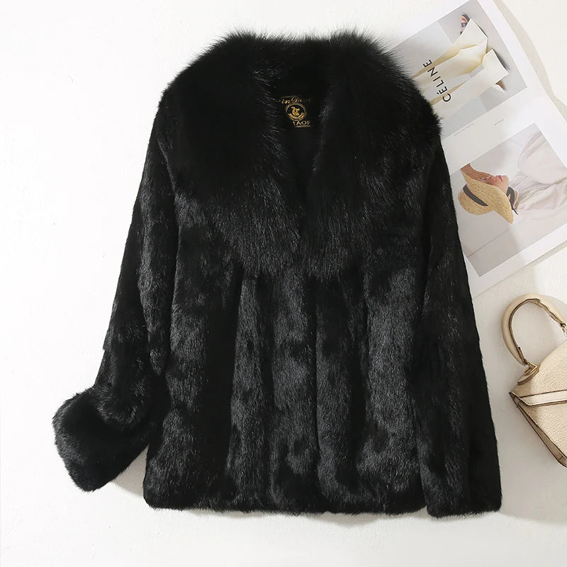 CN Zhejiang Real Rabbit Fur Coat With Luxury Fox Collar
